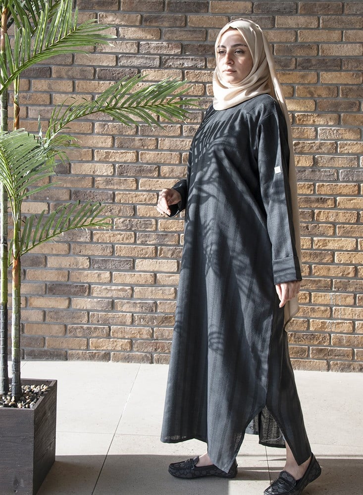 Dark Gray Striped Linen Modest Dress