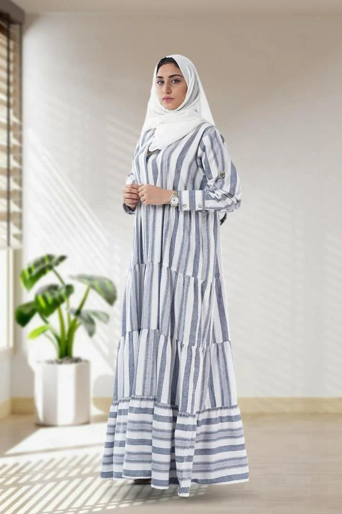 Wide Layered Striped Modest Dress