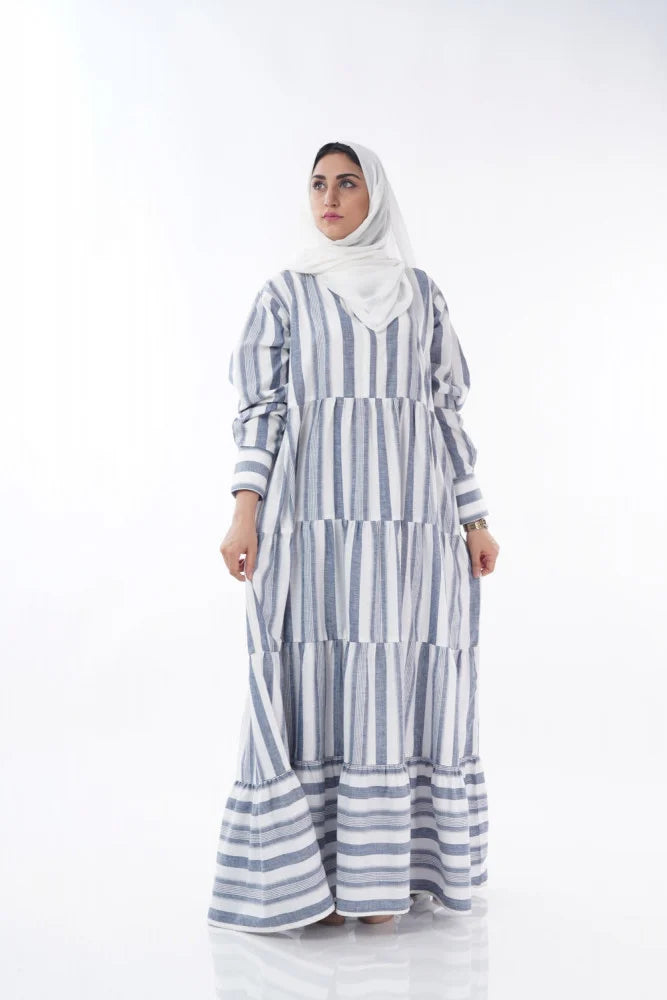 Wide Layered Striped Modest Dress