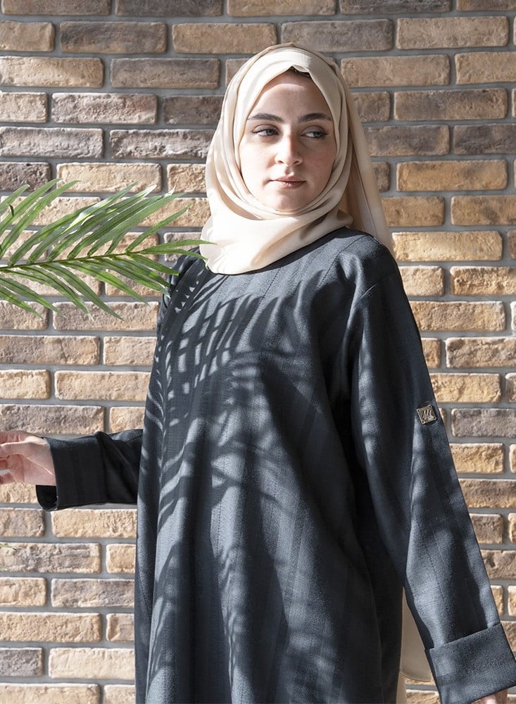 Dark Gray Striped Linen Modest Dress