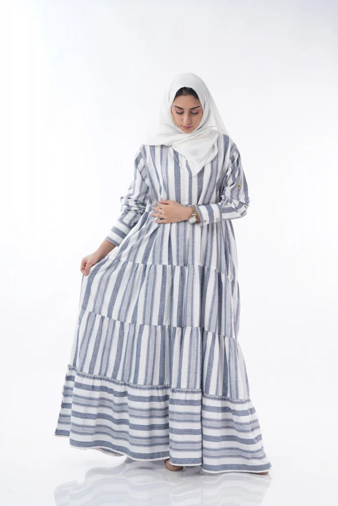Wide Layered Striped Modest Dress