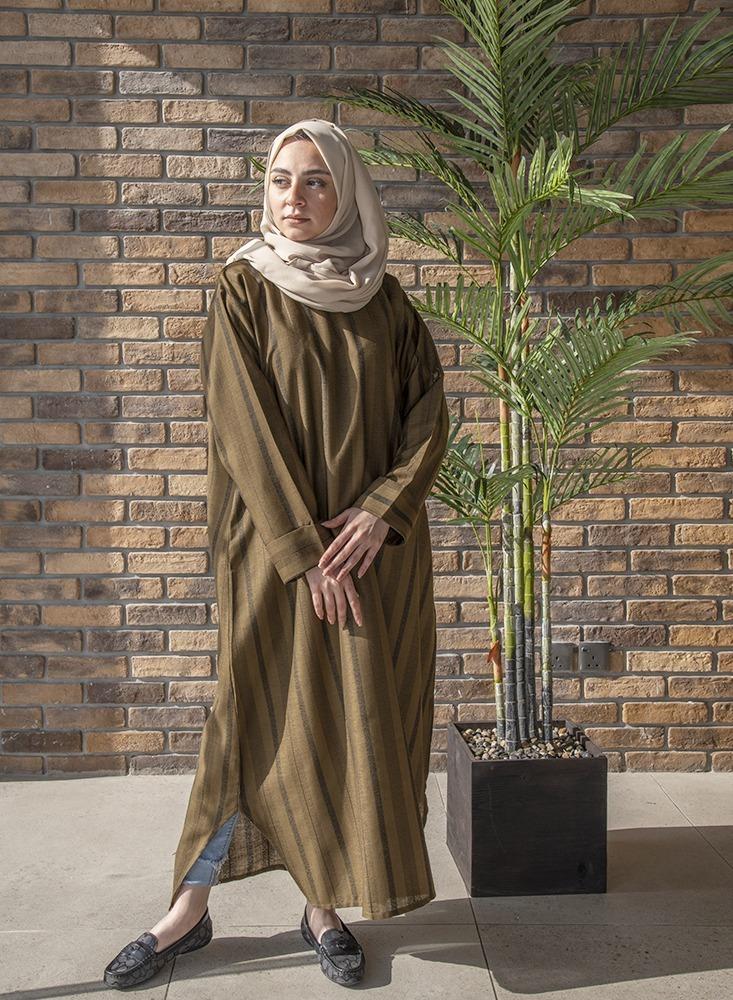 Mustard Striped Linen Modest Dress