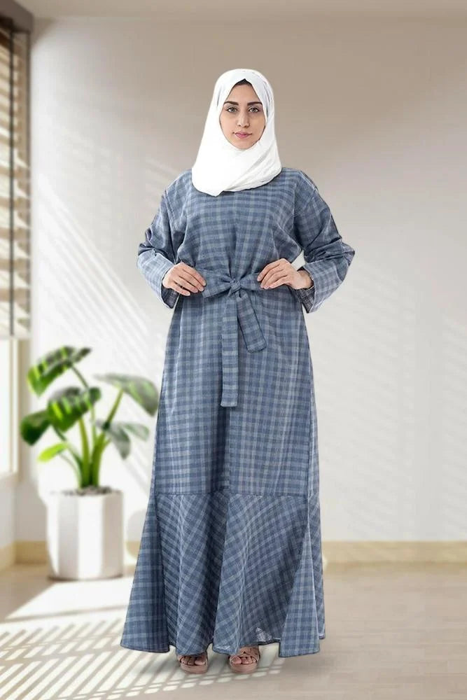 Blue Linen Modest Fishtail Dress