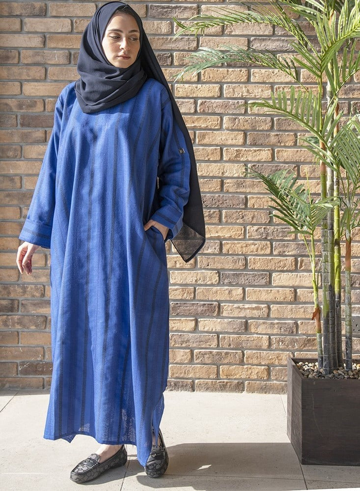 Blue linen striped veiled dress