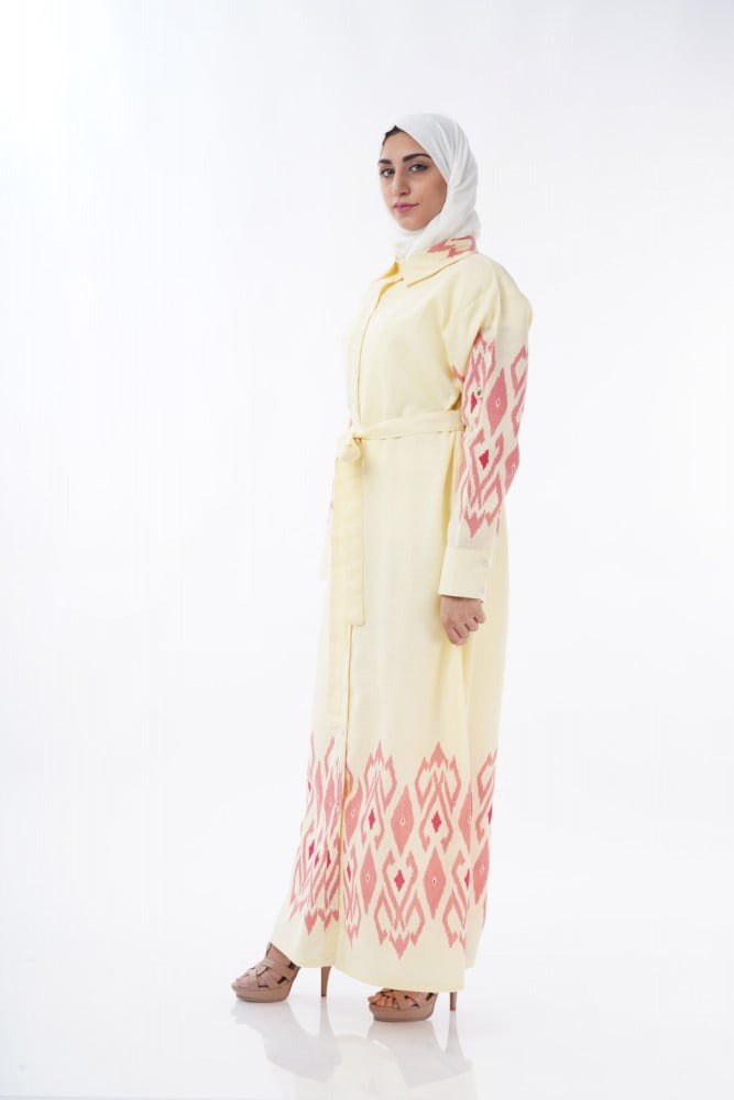 Yellow Veiled Hijab Dress with a Playful Waist Detail