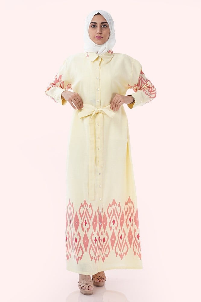 Yellow Veiled Hijab Dress with a Playful Waist Detail